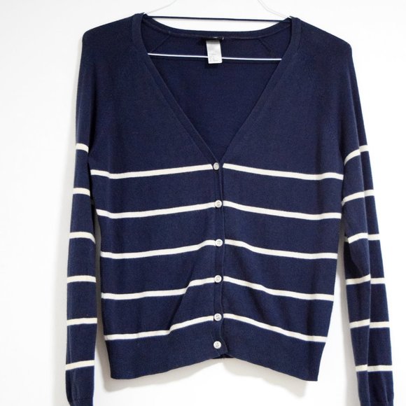 H&M Navy Blue Striped V-neck Button up Cardigan | Size M - Picture 2 of 11
